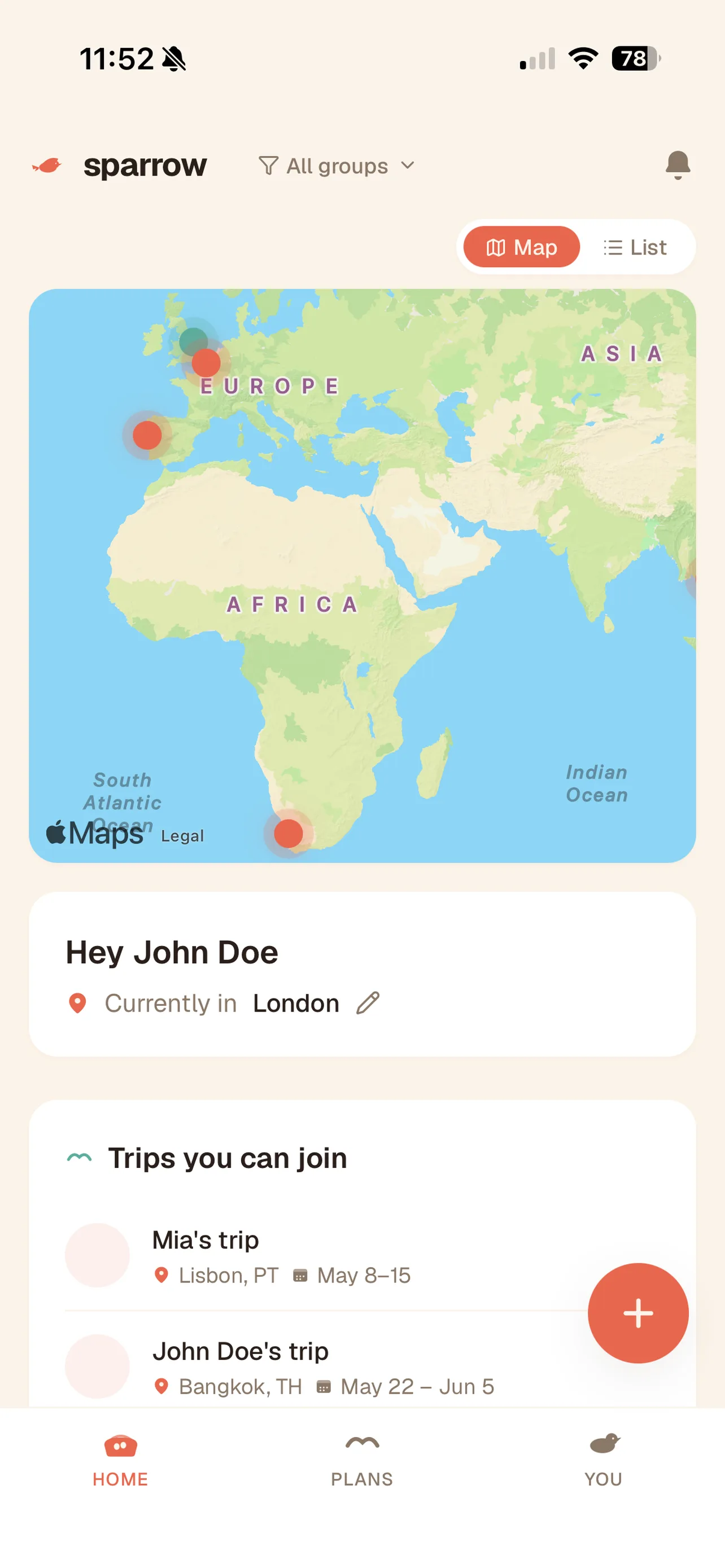 The sparrow app showing your friends' cities on a map